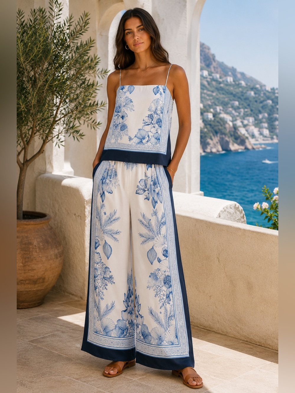 NWT 🔖🤍💙H&M Coastal 🌴Seashell🐚 TENCEL Top & Wide Leg Pants Set XS - Picture 1 of 11